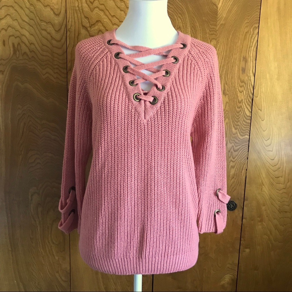 Coral pink Lace Up Knit Sweater
